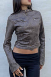 namcoverse Brown Suede Cropped Stand Collar Jacket