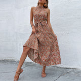 Namcoverse Elegant Floral Print Slim O Neck Sleeveless Halter Dress