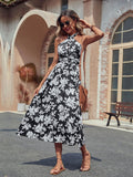 Namcoverse Fashion Casual Sleeveless Open Back Sexy Print Black Maxi Dress