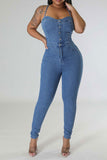 namcoverse Solid Color Smart Strappy Denim Jumpsuit