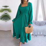 Namcoverse Fashion Casual Solid Color Square Neck Ruffles Long Dress