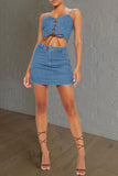 namcoverse Solid Color Smart Strappy Denim Skirt Suit