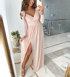 Namcoverse Women V Neck Long Sleeve Vintage Party Maxi Dress