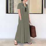 Namcoverse Summer Casual Fashion Ladies Cotton Linen Solid Color Lapel Pocket Simple Shirt Maxi Dress