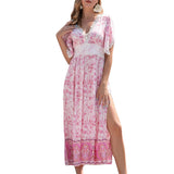 Namcoverse Women's Boho Swing Elegant Slit V Neck Lace Floral Party Maxi Dress