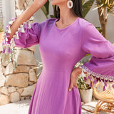 Namcoverse Fashion Elegant Ethnic Tassel Long Sleeve Loose Holiday Maxi Dress