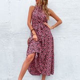 Namcoverse Elegant Floral Print Slim O Neck Sleeveless Halter Dress