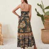 Namcoverse Sexy Vintage Print Elegant V Neck High Waist Party Maxi Dress