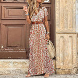 Namcoverse Boho Floral Print V Neck Short Sleeve Maxi Party Dress