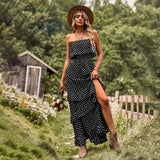 Namcoverse Casual One Shoulder Polka Dot Vintage Split Sexy Long Boho Dress