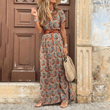 Namcoverse Boho Floral Print V Neck Short Sleeve Maxi Party Dress