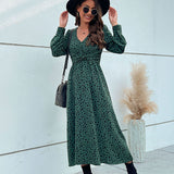 Namcoverse Elegant V-neck Long Sleeve Leopard Print Maxi Dress