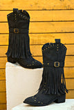 namcoverse Pointed Toe Studded Fringed Mid-Calf Boots