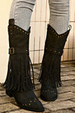 namcoverse Pointed Toe Studded Fringed Mid-Calf Boots