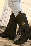 namcoverse Pointed Toe Studded Fringed Mid-Calf Boots