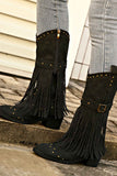 namcoverse Pointed Toe Studded Fringed Mid-Calf Boots