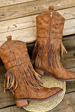 namcoverse Pointed Toe Studded Fringed Mid-Calf Boots