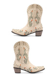 namcoverse Cactus Embroidery Studded Mid-Calf Boots