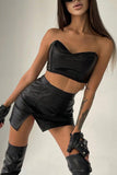 namcoverse Black Leather Strapless Crop Top Slit Skirt Set