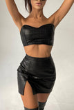 namcoverse Black Leather Strapless Crop Top Slit Skirt Set