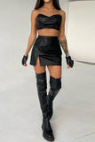 namcoverse Black Leather Strapless Crop Top Slit Skirt Set