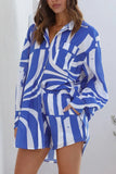 namcoverse Blue Geometry Patchwork Printed Long Sleeve Shirt Shorts Suits