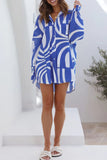 namcoverse Blue Geometry Patchwork Printed Long Sleeve Shirt Shorts Suits