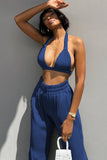 namcoverse Blue Hoodie Halter Vest Three-Piece Pants Set