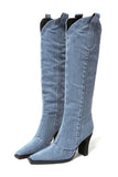 namcoverse Blue Pointed-Toe Knee-High Denim Boots