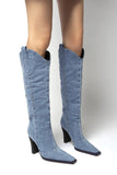 namcoverse Blue Pointed-Toe Knee-High Denim Boots