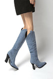 namcoverse Blue Pointed-Toe Knee-High Denim Boots