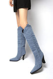 namcoverse Blue Pointed-Toe Knee-High Denim Boots