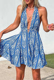 namcoverse Blue Printed Halter Backless Dress