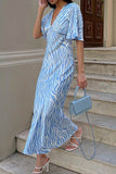 namcoverse Blue Satin Zebra Print Tie-back Midi Dress