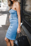 namcoverse Blue Zipper Back Strapless Denim Pack Hip Dress