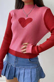 namcoverse Contrast Mock Neck Heart Graphic Ribbed Knit Tops