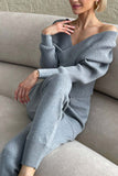 namcoverse Dolman Sleeves Off Shoulder Ribbed Knit Sweater Pants Suits