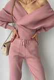 namcoverse Dolman Sleeves Off Shoulder Ribbed Knit Sweater Pants Suits