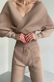 namcoverse Dolman Sleeves Off Shoulder Ribbed Knit Sweater Pants Suits