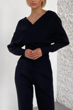 namcoverse Dolman Sleeves Off Shoulder Ribbed Knit Sweater Pants Suits