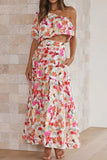 namcoverse Floral Print One Shoulder Crop Top Tiered Skirt Suits