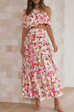 namcoverse Floral Print One Shoulder Crop Top Tiered Skirt Suits