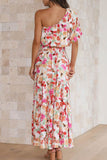 namcoverse Floral Print One Shoulder Crop Top Tiered Skirt Suits