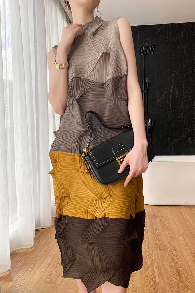 namcoverse Full Pleated Sleeveless Colorblock Dress
