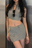 namcoverse Gray Zipper Tank Top Drawstring Mini Skirt Suits