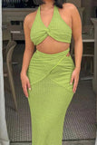 namcoverse Green Halter Twisted-front Crop Top Strappy Skirt Suits