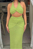 namcoverse Green Halter Twisted-front Crop Top Strappy Skirt Suits