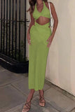 namcoverse Green Halter Twisted-front Crop Top Strappy Skirt Suits