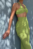 namcoverse Green Halter Twisted-front Crop Top Strappy Skirt Suits