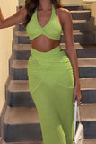 namcoverse Green Halter Twisted-front Crop Top Strappy Skirt Suits